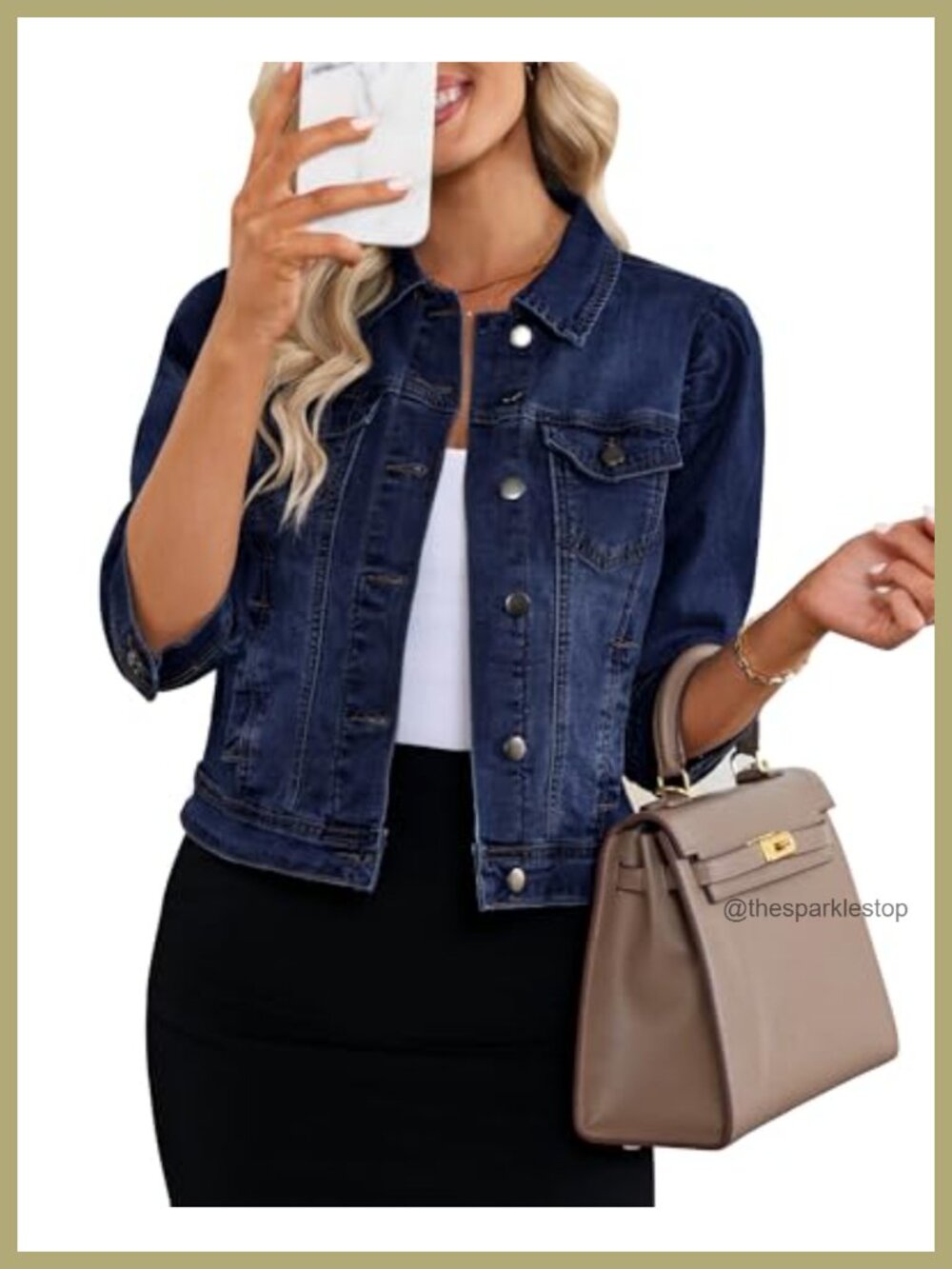 Cropped Denim Jacket Women Stretchy 3/4 Puff Sleeve Distressed Shacket with